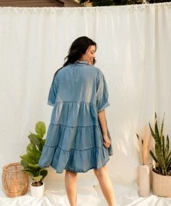 BT Beverly Tiered Button Down Chambray Dress BUMP FRIENDLY
