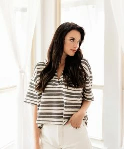 BT BEST SELLERS Aston Striped Collared Knit Top