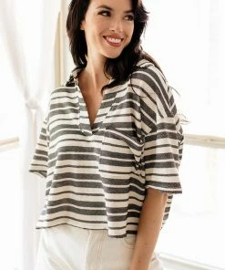 BT BEST SELLERS Aston Striped Collared Knit Top