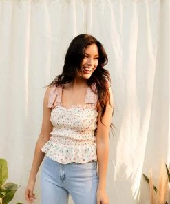 MADE WITH LOVE TOPS Presley Floral Smocked Tie Top