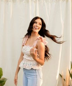 MADE WITH LOVE TOPS Presley Floral Smocked Tie Top