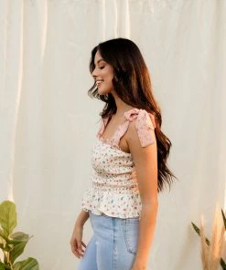 MADE WITH LOVE TOPS Presley Floral Smocked Tie Top