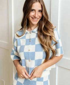 LE LIS Jessie Checkered Collared Knit Top