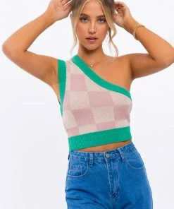 LE LIS TOPS Cope Checkered One Shoulder Top