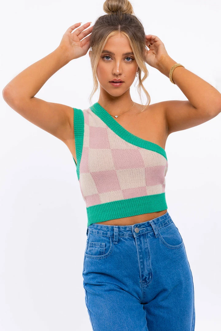 LE LIS TOPS Cope Checkered One Shoulder Top 4 LE LIS TOPS Cope Checkered One Shoulder Top