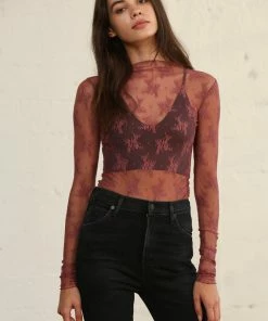 BT TOPS Sweet Mary Sheer Lace Top - Dark Mauve