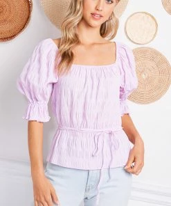MADE WITH LOVE Jazmine Puff Sleeve Peplum Top - Pink