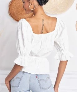 MADE WITH LOVE Jazmine Puff Sleeve Peplum Top - White BRIDAL