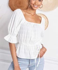 MADE WITH LOVE Jazmine Puff Sleeve Peplum Top - White BRIDAL