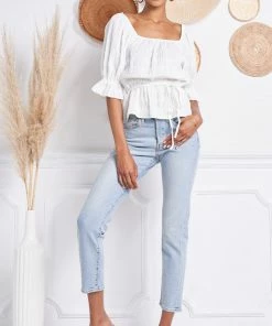 MADE WITH LOVE Jazmine Puff Sleeve Peplum Top - White BRIDAL