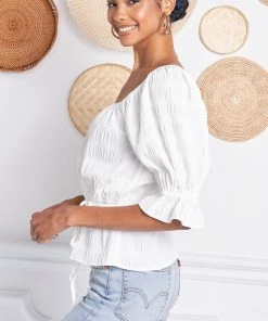 MADE WITH LOVE Jazmine Puff Sleeve Peplum Top - White BRIDAL