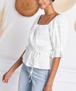 MADE WITH LOVE Jazmine Puff Sleeve Peplum Top - White BRIDAL