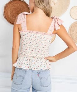 MADE WITH LOVE TOPS Presley Floral Smocked Tie Top