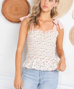 MADE WITH LOVE TOPS Presley Floral Smocked Tie Top