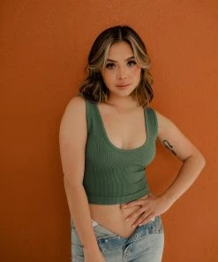 BT Izzy Ribbed Crop Tank - Dark Sage TOPS