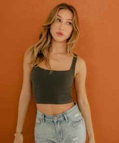 BT Bri Square Neck Ribbed Brami - Moss TOPS