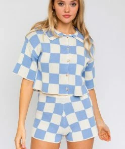 LE LIS Jessie Checkered Collared Knit Top