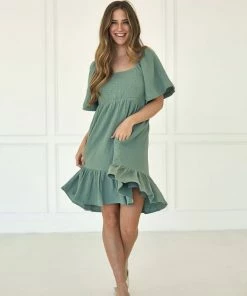 WL Nolani Pocketed Smocked Mini Dress - Sage BUMP FRIENDLY