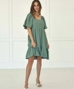 WL Nolani Pocketed Smocked Mini Dress - Sage BUMP FRIENDLY