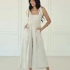 BT Sirius Pocketed Smocked Tie Linen Jumpsuit ROMPERS + JUMPSUITS