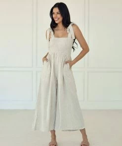 BT Sirius Pocketed Smocked Tie Linen Jumpsuit ROMPERS + JUMPSUITS