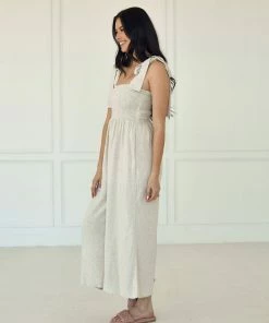 BT Sirius Pocketed Smocked Tie Linen Jumpsuit ROMPERS + JUMPSUITS