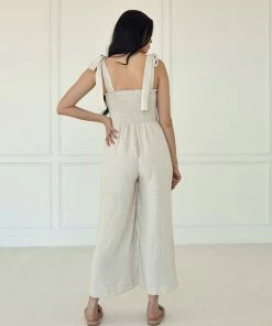 BT Sirius Pocketed Smocked Tie Linen Jumpsuit ROMPERS + JUMPSUITS