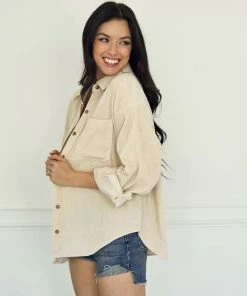 WL TOPS Cayla Corduroy Button Down Pocket Top - Sand