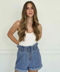 BT BOTTOMS Lani High Rise Paper Bag Waist Denim Shorts