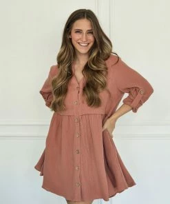 BT Yolanda Cotton Button Down Babydoll Dress - Mauve