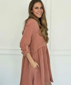 BT Yolanda Cotton Button Down Babydoll Dress - Mauve