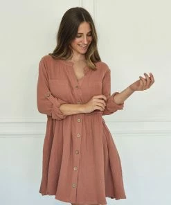 BT Yolanda Cotton Button Down Babydoll Dress - Mauve