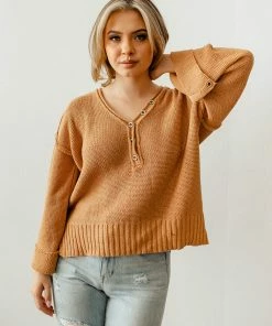 BT Ann Cotton Knit Henley Sweater - Camel 11 BT Ann Cotton Knit Henley Sweater - Camel