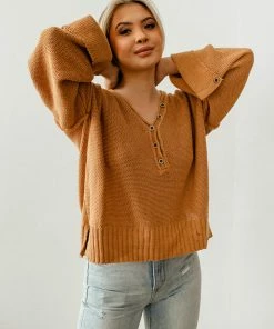 BT Ann Cotton Knit Henley Sweater - Camel 10 BT Ann Cotton Knit Henley Sweater - Camel