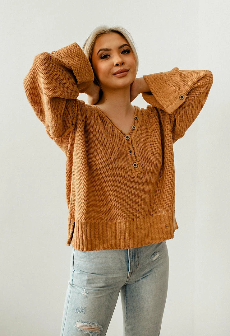 BT Ann Cotton Knit Henley Sweater - Camel 5 BT Ann Cotton Knit Henley Sweater - Camel