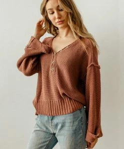 BT Ann Cotton Knit Henley Sweater - Rose TOPS