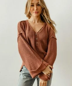 BT Ann Cotton Knit Henley Sweater - Rose TOPS