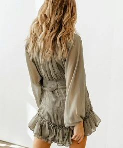 BT DRESSES Shine On Pleated Ruffle Mini Dress - Olive