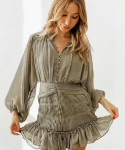 BT DRESSES Shine On Pleated Ruffle Mini Dress - Olive
