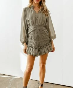 BT DRESSES Shine On Pleated Ruffle Mini Dress - Olive