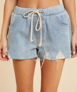 WL BOTTOMS Tilda Distressed Drawstring Denim Shorts